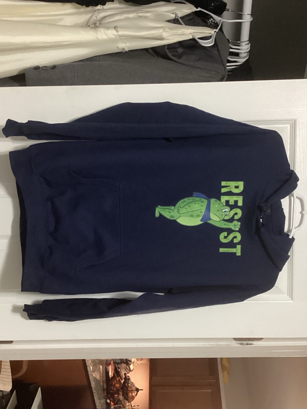 Gildan Navy Crewneck Sweatshirt with Bright Green Frog Graphic